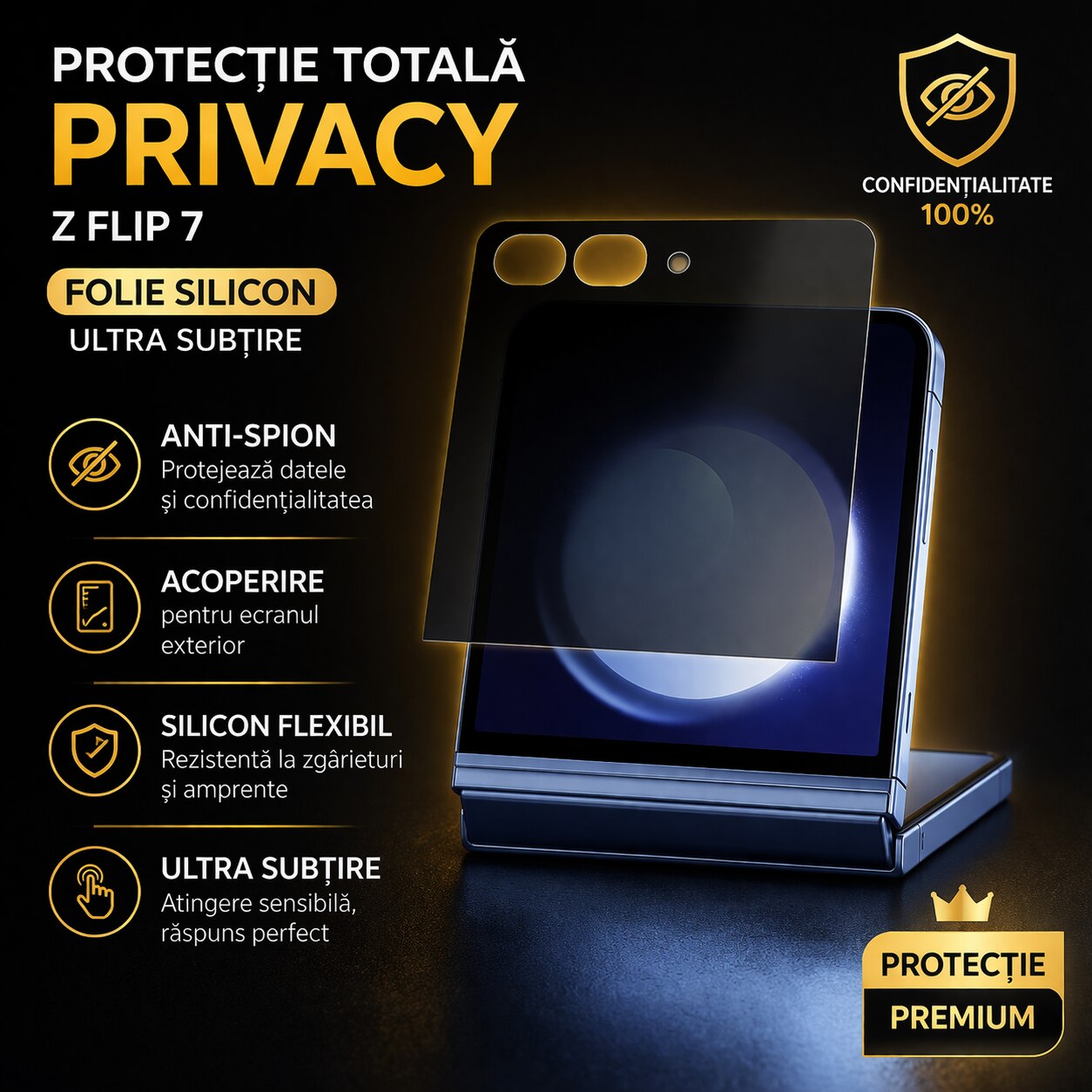 Folie de protectie ecran mic si spate compatibila cu Samsung Galaxy Z Flip 7, Privacy Hydrogel mata din silicon, TPU, acopera tot ecranul, PlanetPhone®