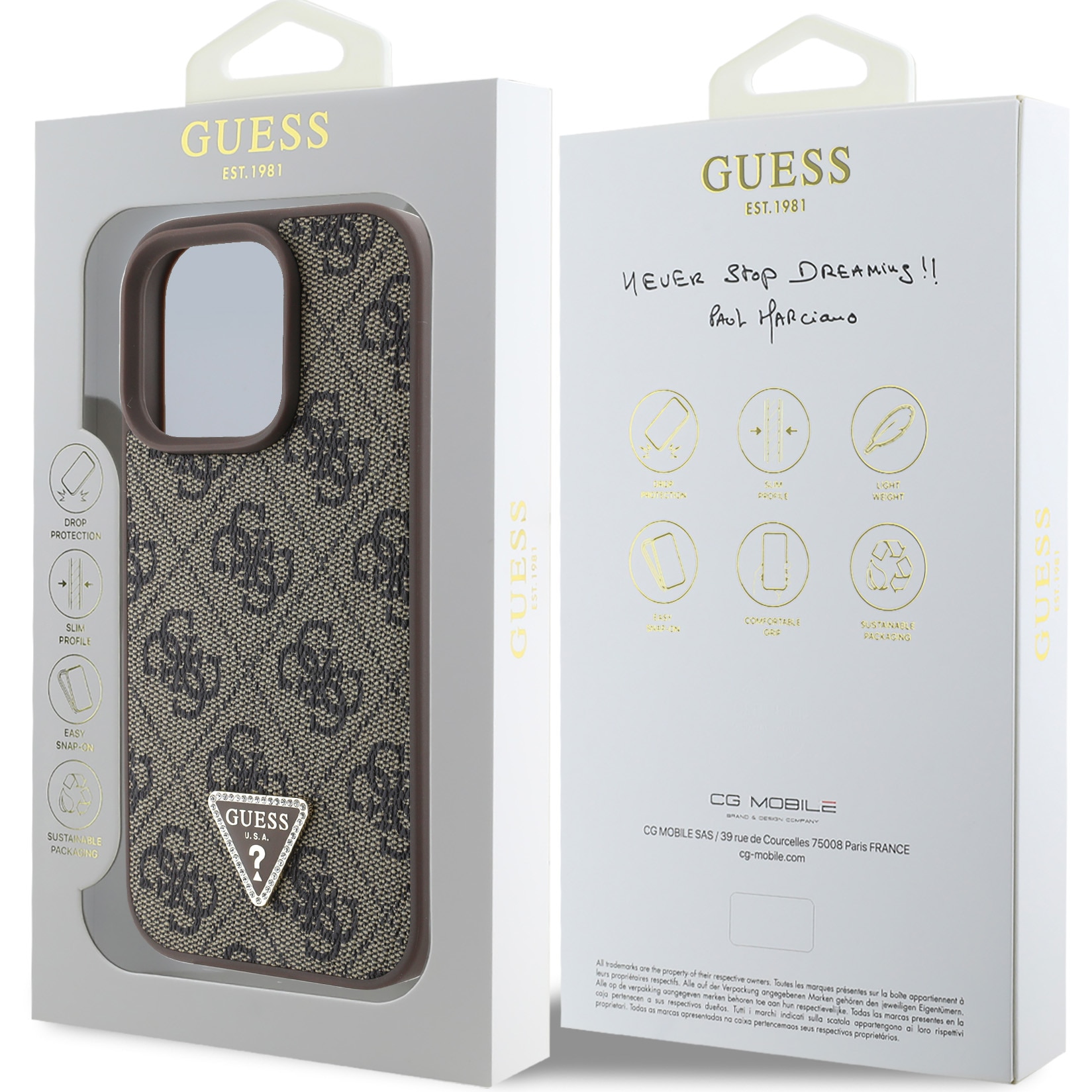 Husa de protectie Guess PU 4G Strass Triangle Metal Logo pentru iPhone 16 Pro Max, Maro
