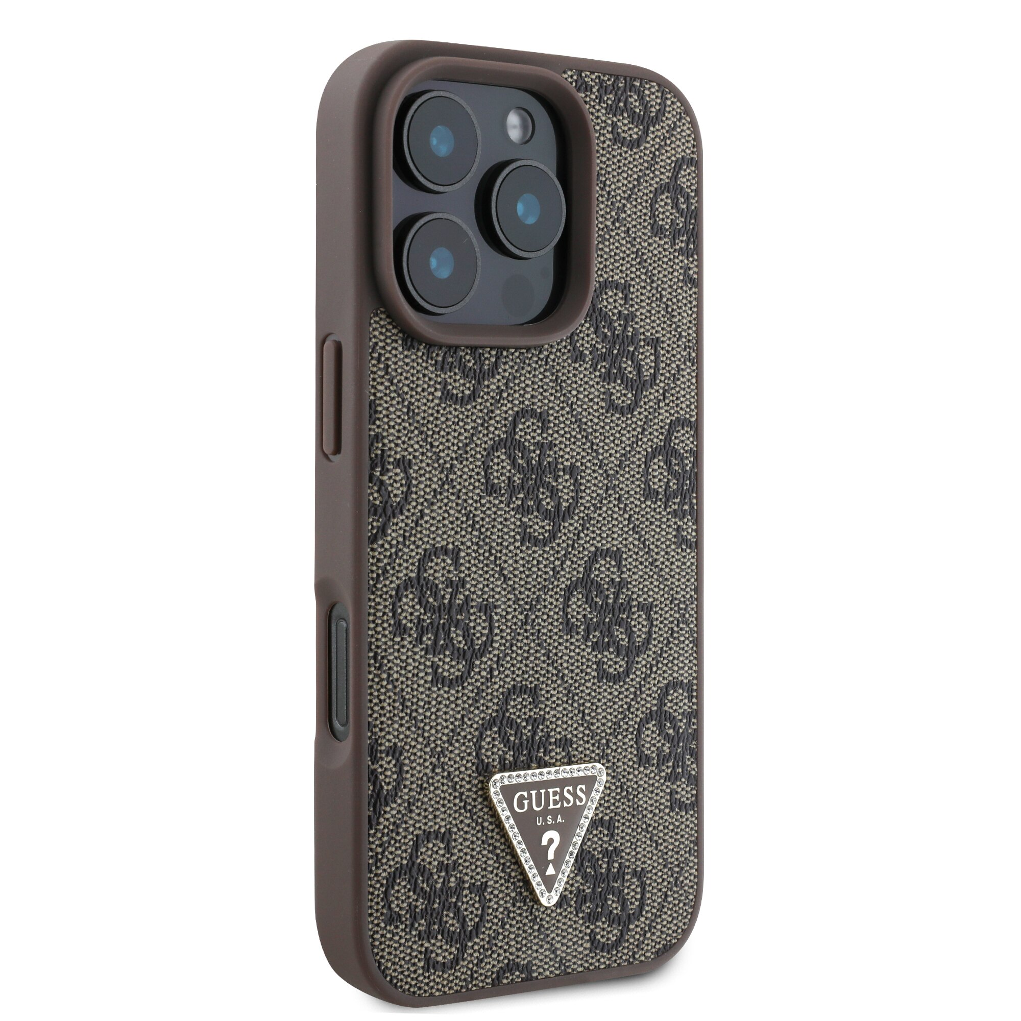 Husa de protectie Guess PU 4G Strass Triangle Metal Logo pentru iPhone 16 Pro Max, Maro