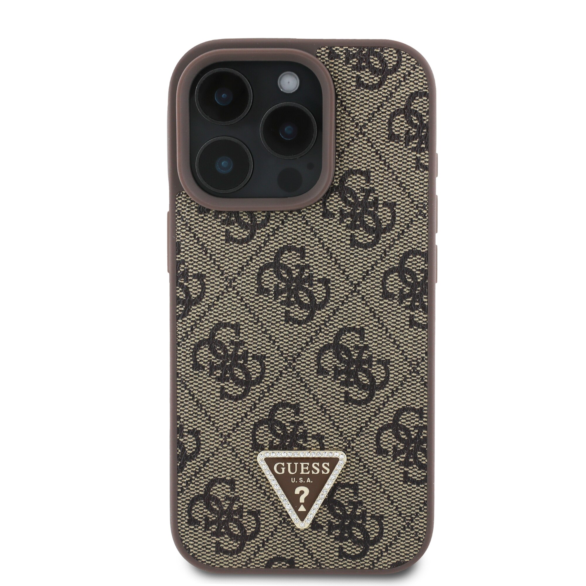 Husa de protectie Guess PU 4G Strass Triangle Metal Logo pentru iPhone 16 Pro Max, Maro