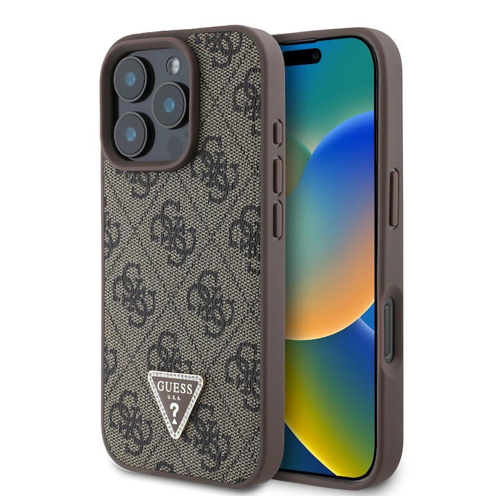 Husa de protectie Guess PU 4G Strass Triangle Metal Logo pentru iPhone 16 Pro Max, Maro