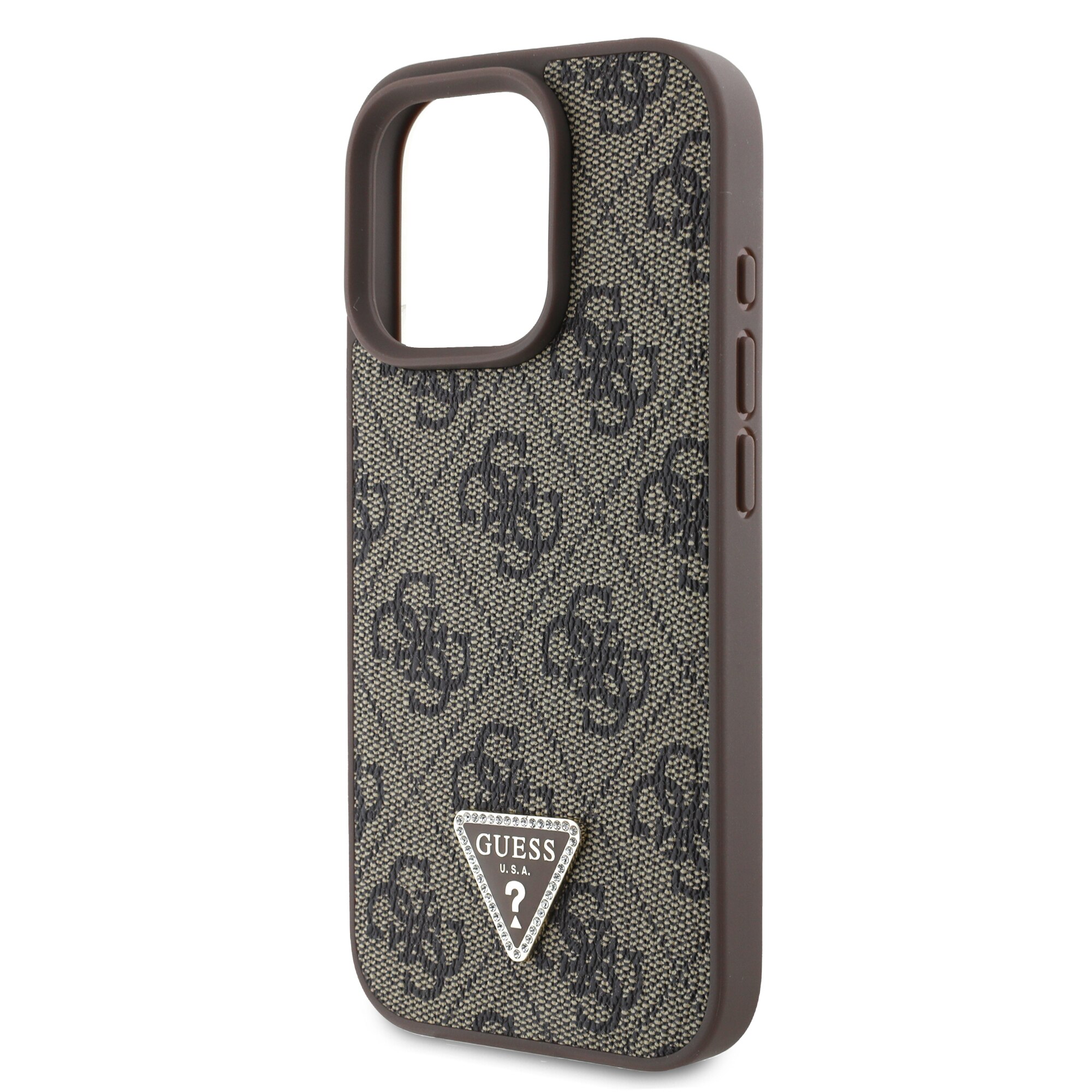 Husa de protectie Guess PU 4G Strass Triangle Metal Logo pentru iPhone 16 Pro Max, Maro