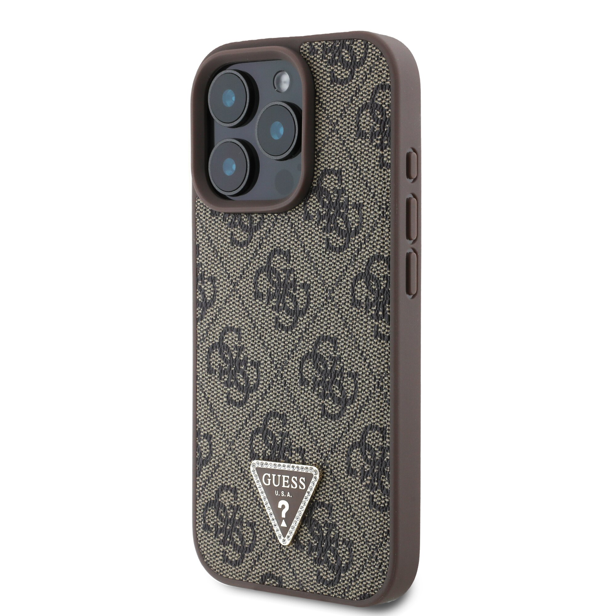 Husa de protectie Guess PU 4G Strass Triangle Metal Logo pentru iPhone 16 Pro Max, Maro