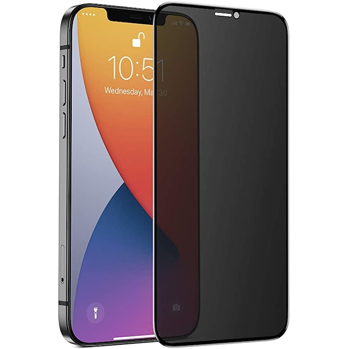 Folie protectie din sticla Privacy, compatibila cu iPhone 12 Pro Max, cu lipici pe tot ecranul Full Glue, Case Friendly, Negru, ISAG