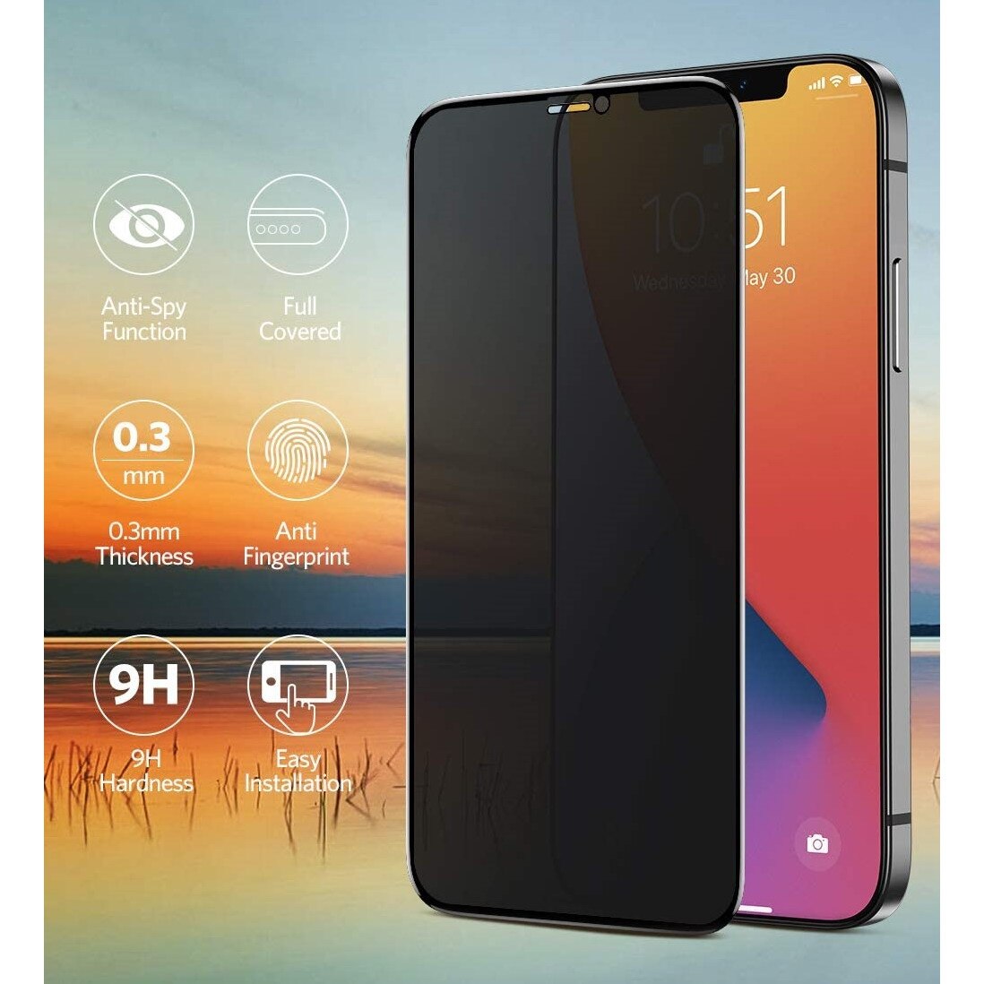 Folie protectie din sticla Privacy, compatibila cu iPhone 12 Pro Max, cu lipici pe tot ecranul Full Glue, Case Friendly, Negru, ISAG