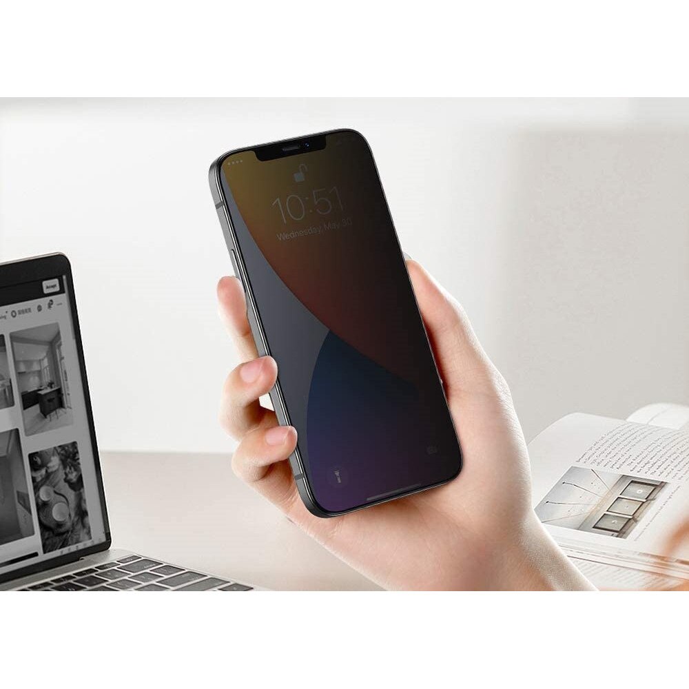 Folie protectie din sticla Privacy, compatibila cu iPhone 12 Pro Max, cu lipici pe tot ecranul Full Glue, Case Friendly, Negru, ISAG