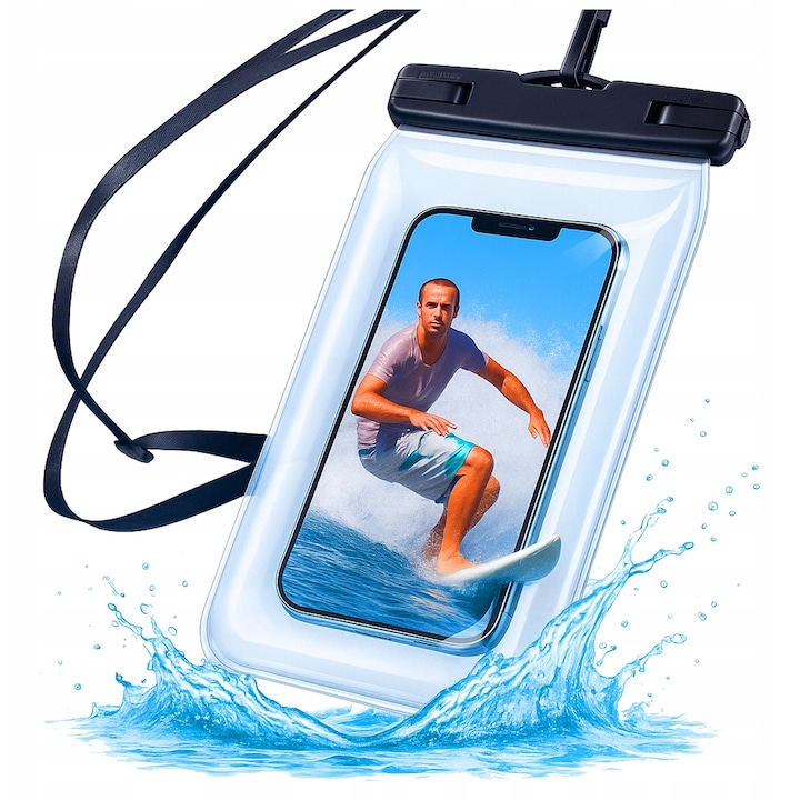 2 huse universale impermeabile pentru telefon PVC/Plastic, negre/transparente, IPX8 FOTOROB