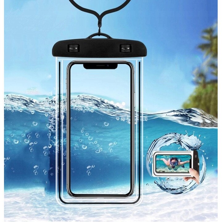 2 huse universale impermeabile pentru telefon PVC/Plastic, negre/transparente, IPX8 FOTOROB