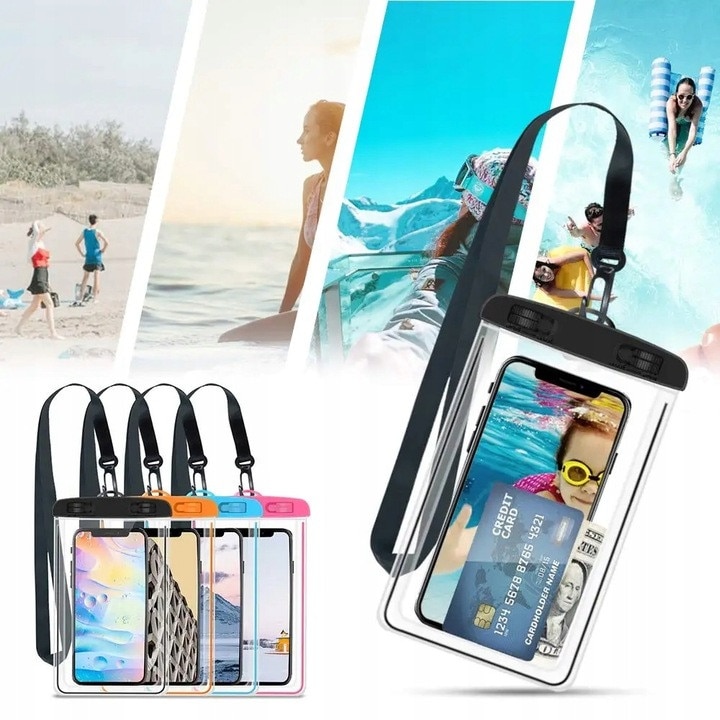 2 huse universale impermeabile pentru telefon PVC/Plastic, negre/transparente, IPX8 FOTOROB