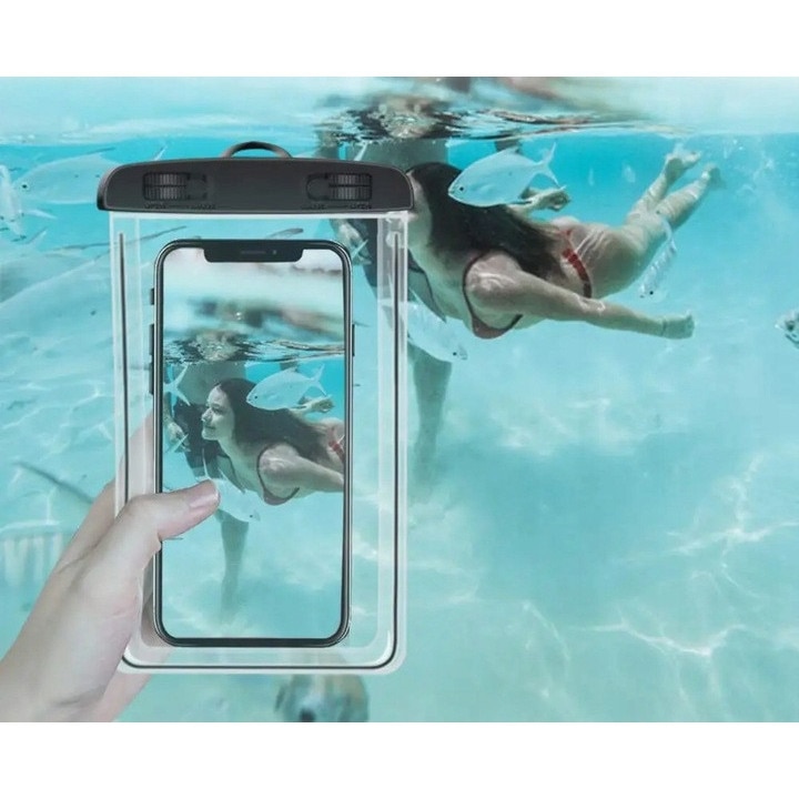 2 huse universale impermeabile pentru telefon PVC/Plastic, negre/transparente, IPX8 FOTOROB