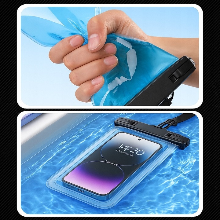 2 huse universale impermeabile pentru telefon PVC/Plastic, negre/transparente, IPX8 FOTOROB
