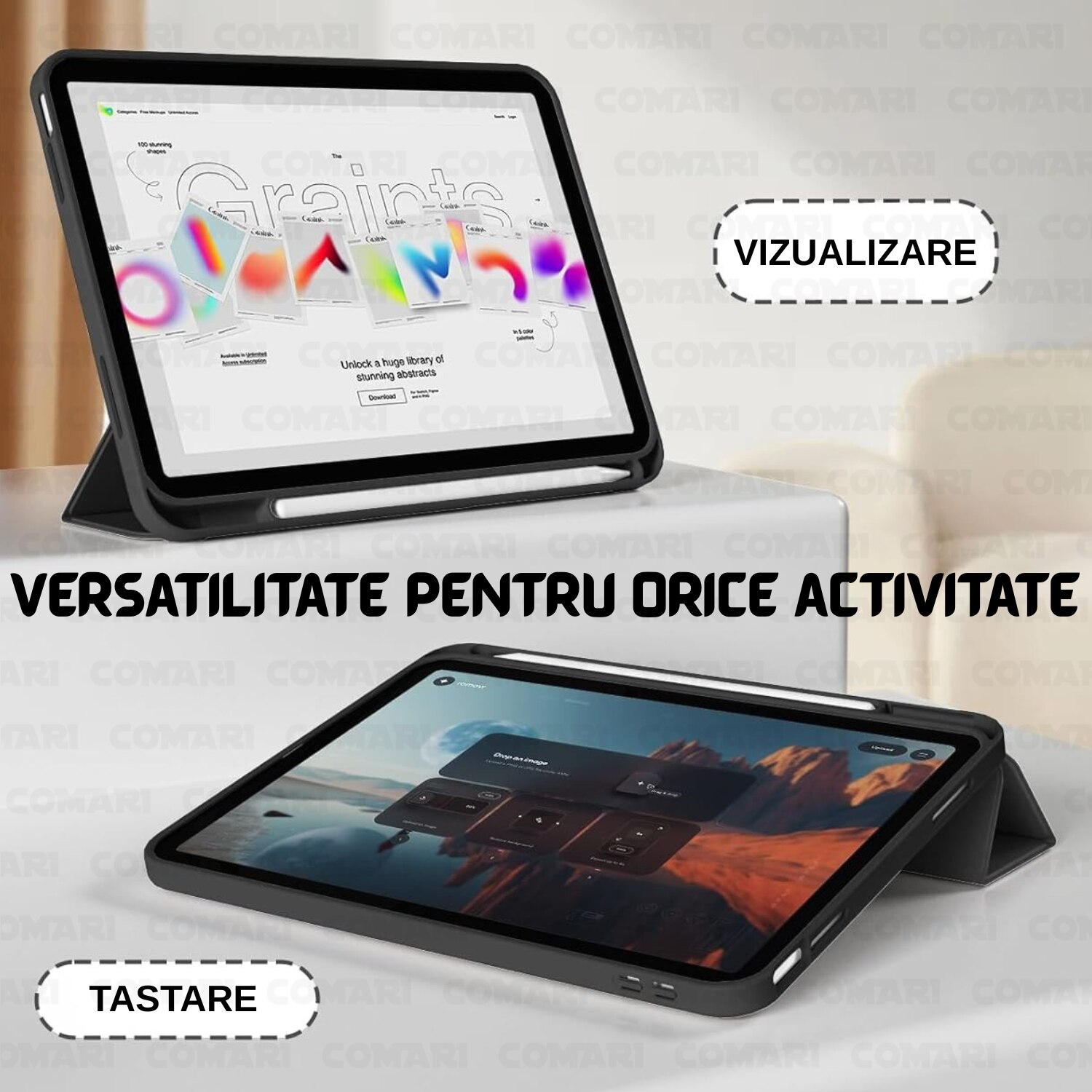 Husa pentru iPad Air 11 (2024) / Air 11 (2025) Comari® EliteCover, protectie completa, functie stand trifold, suport stylus integrat, design elegant tip carte, Negru