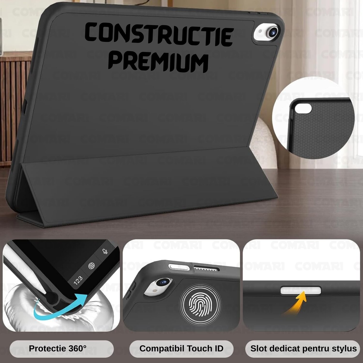 Husa pentru iPad Air 11 (2024) / Air 11 (2025) Comari® EliteCover, protectie completa, functie stand trifold, suport stylus integrat, design elegant tip carte, Negru