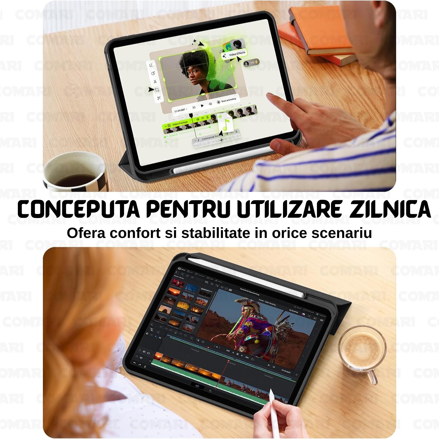 Husa pentru iPad Air 11 (2024) / Air 11 (2025) Comari® EliteCover, protectie completa, functie stand trifold, suport stylus integrat, design elegant tip carte, Negru