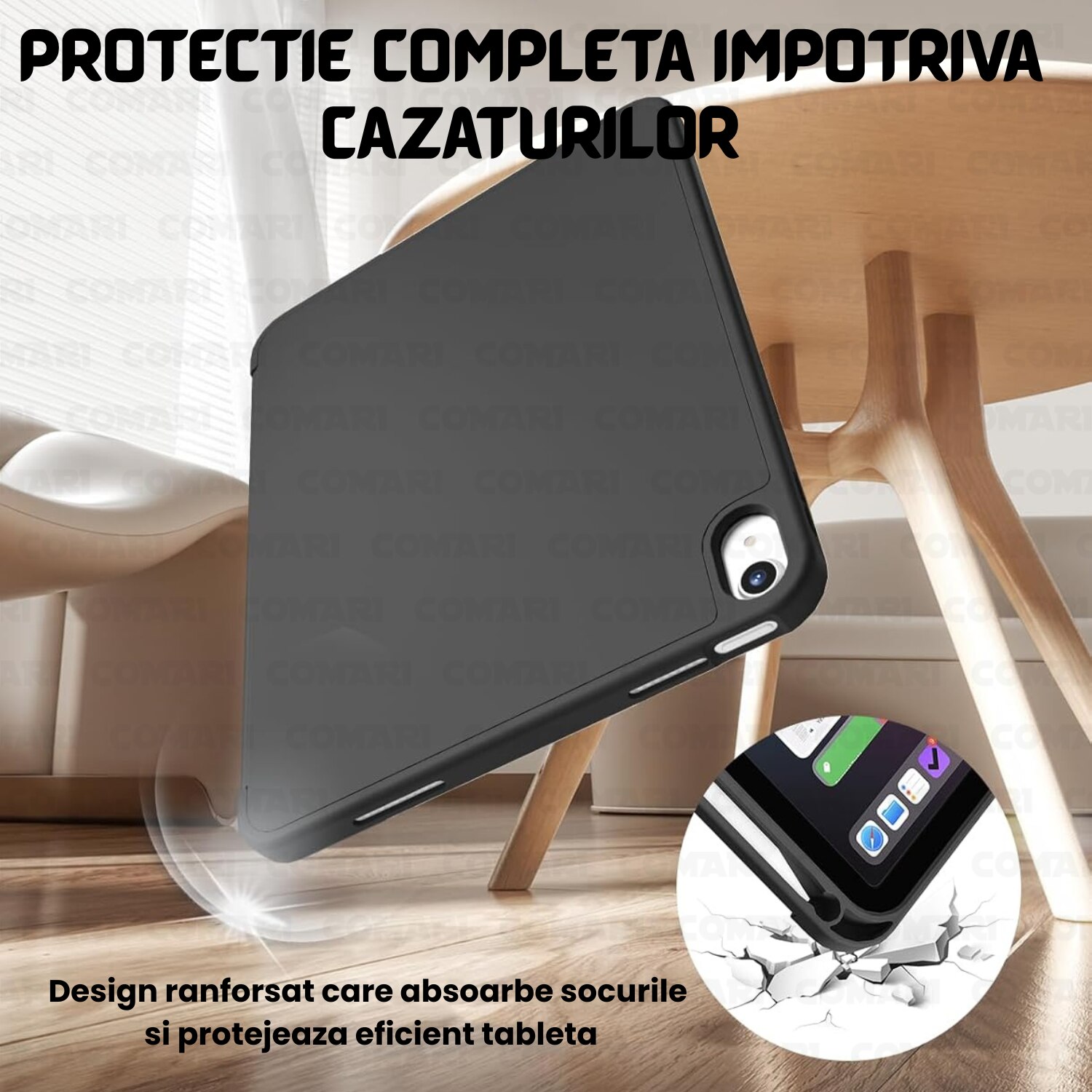Husa pentru iPad Air 11 (2024) / Air 11 (2025) Comari® EliteCover, protectie completa, functie stand trifold, suport stylus integrat, design elegant tip carte, Negru