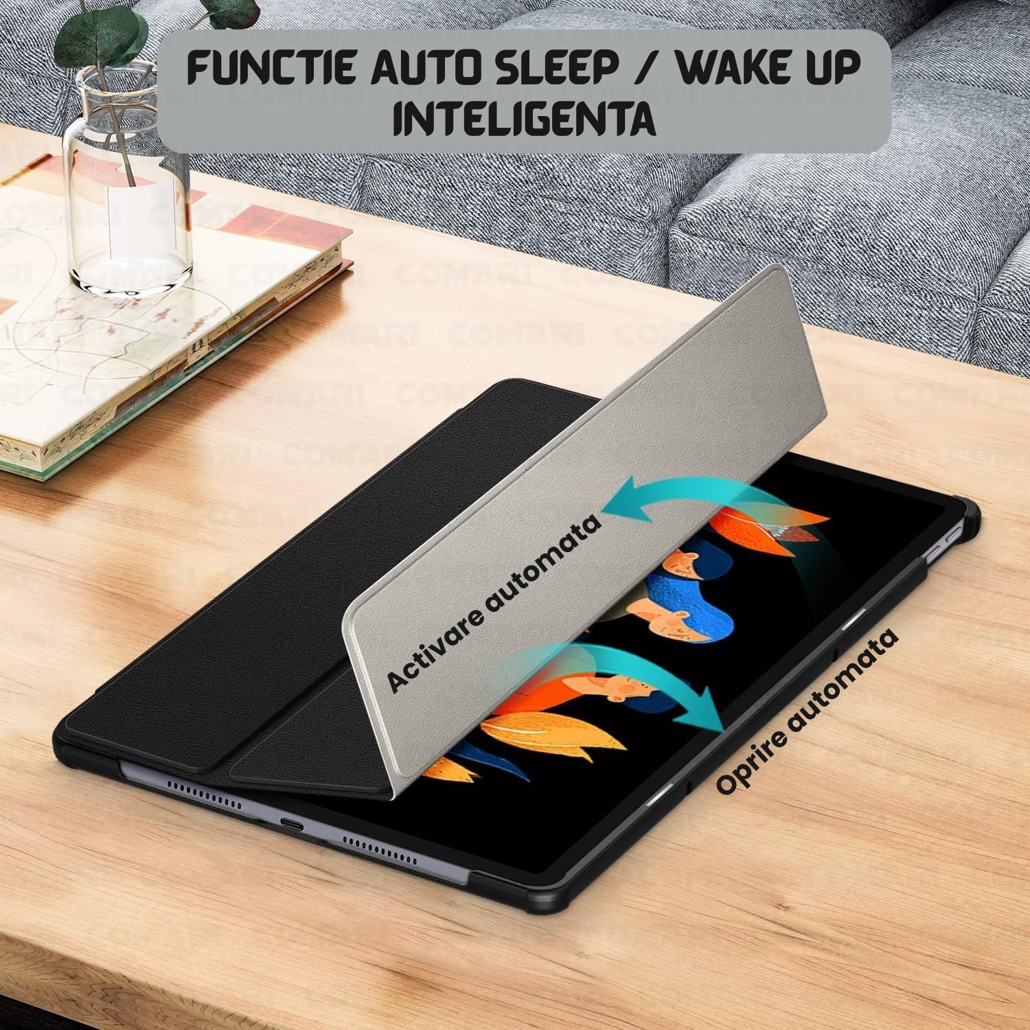 Husa pentru Lenovo Idea Tab Plus 12.1 Comari® EliteCover, protectie completa, functie stand multipla, design elegant tip carte, Negru