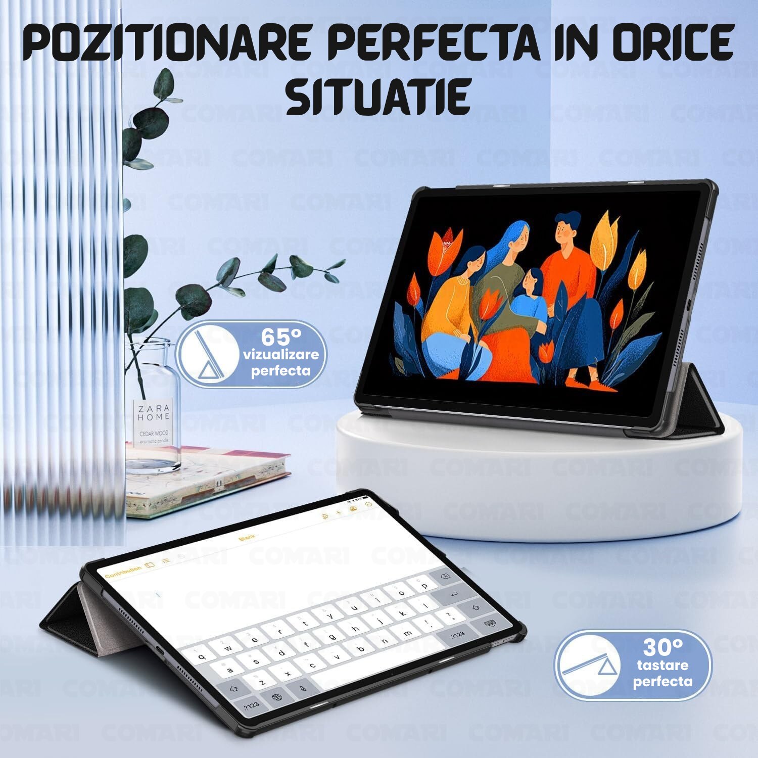 Husa pentru Lenovo Idea Tab Plus 12.1 Comari® EliteCover, protectie completa, functie stand multipla, design elegant tip carte, Negru