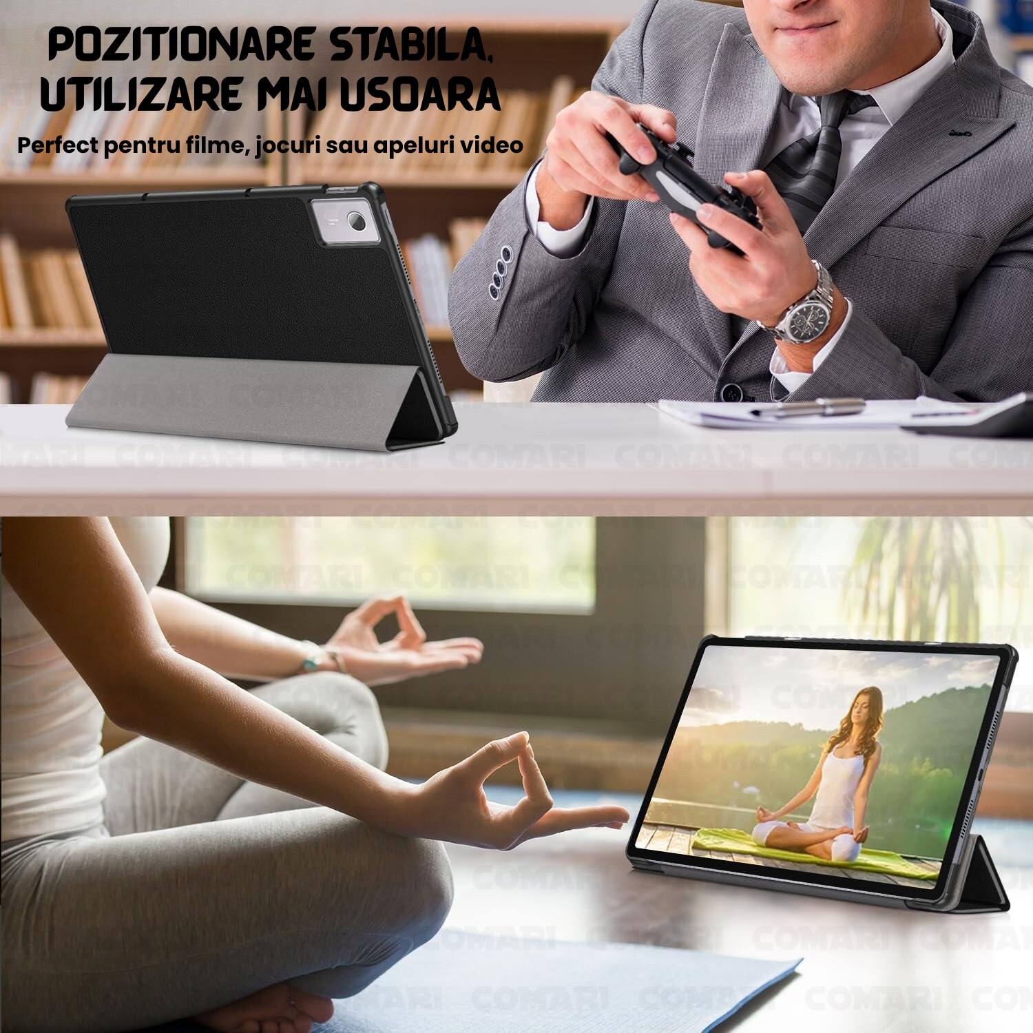 Husa pentru Lenovo Idea Tab Plus 12.1 Comari® EliteCover, protectie completa, functie stand multipla, design elegant tip carte, Negru