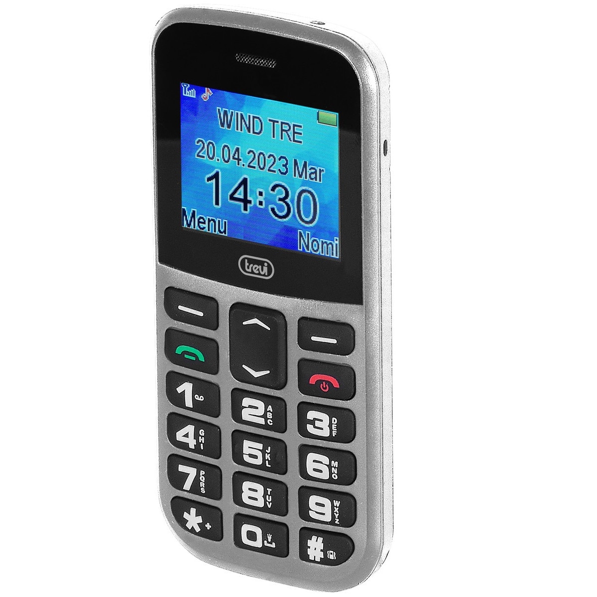 Telefon seniori butoane mari iluminate camera foto, difuzor, lanterna, agenda 150, 5 numere cu functie SOS, bluetooth, iesire casti, ceas, alarma Trevi MAX20006 argintiu
