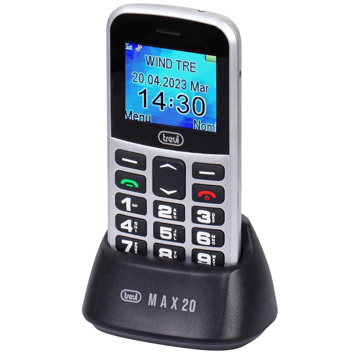 Telefon seniori butoane mari iluminate camera foto, difuzor, lanterna, agenda 150, 5 numere cu functie SOS, bluetooth, iesire casti, ceas, alarma Trevi MAX20006 argintiu
