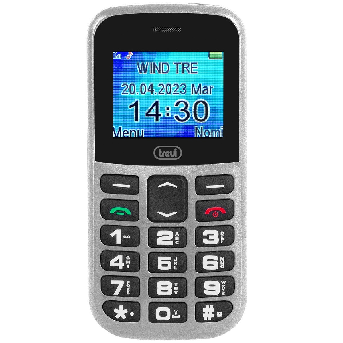 Telefon seniori butoane mari iluminate camera foto, difuzor, lanterna, agenda 150, 5 numere cu functie SOS, bluetooth, iesire casti, ceas, alarma Trevi MAX20006 argintiu