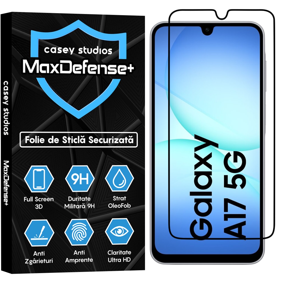 Folie Sticla CASEY STUDIOS™ compatibila cu Samsung Galaxy A17 5G, Full Cover 3D, Full Glue, Sticla Securizata, Duritate Militara, Ultra HD, Protectie Profesionala Ecran 3D, Anti Zgarieturi, Anti Socuri, Margini Negre
