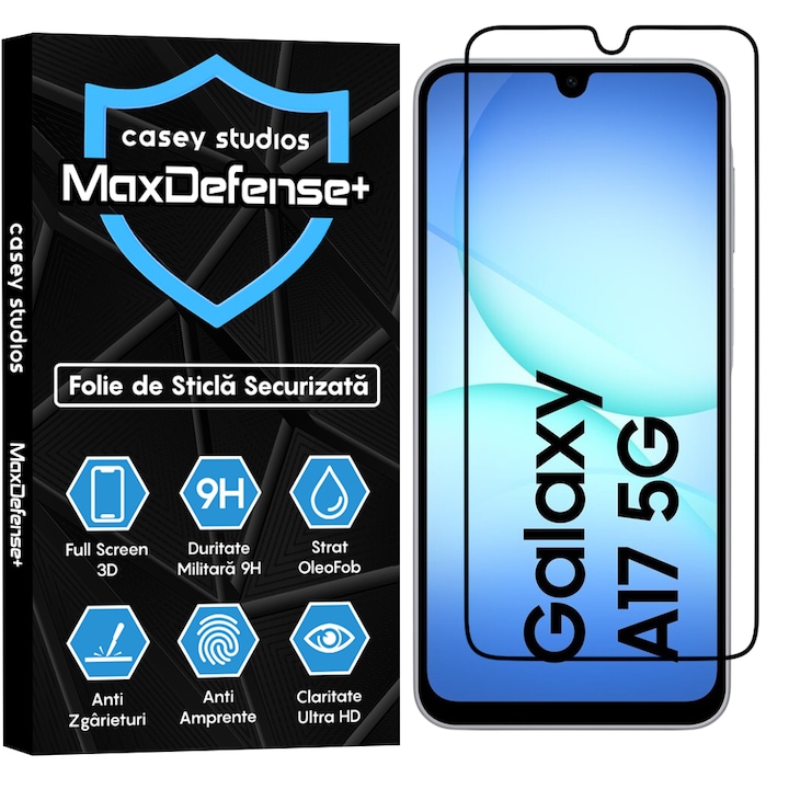 Folie Sticla CASEY STUDIOS™ compatibila cu Samsung Galaxy A17 5G, Full Cover 3D, Full Glue, Sticla Securizata, Duritate Militara, Ultra HD, Protectie Profesionala Ecran 3D, Anti Zgarieturi, Anti Socuri, Margini Negre