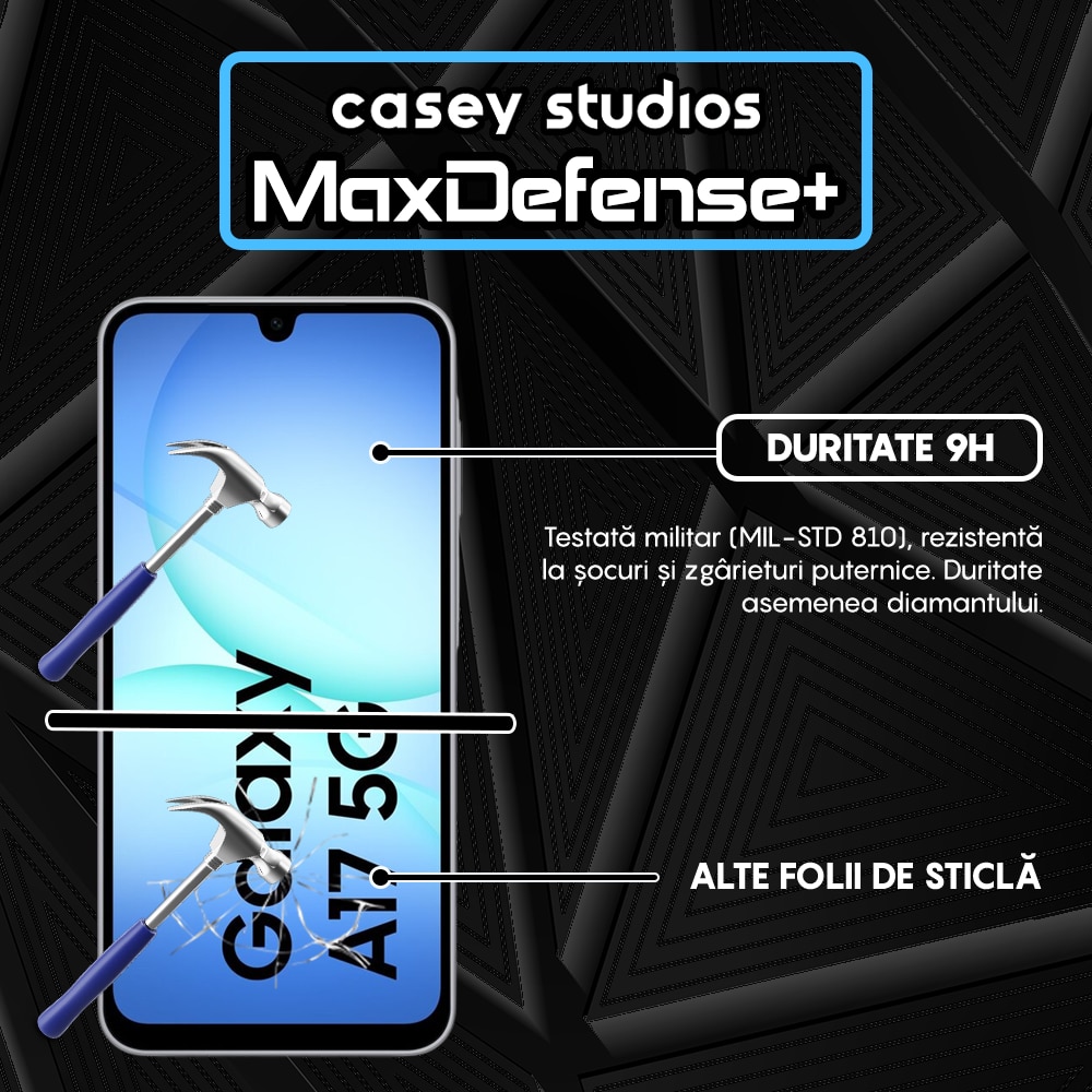 Folie Sticla CASEY STUDIOS™ compatibila cu Samsung Galaxy A17 5G, Full Cover 3D, Full Glue, Sticla Securizata, Duritate Militara, Ultra HD, Protectie Profesionala Ecran 3D, Anti Zgarieturi, Anti Socuri, Margini Negre
