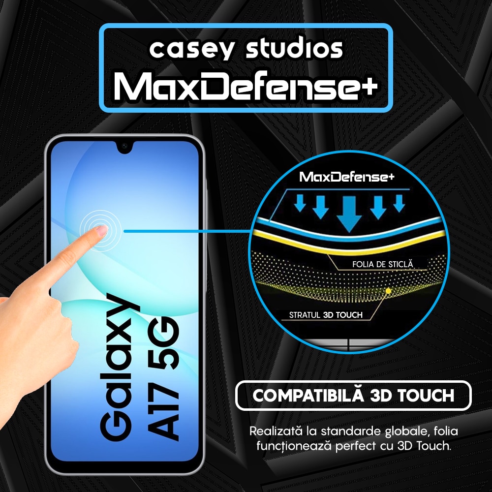 Folie Sticla CASEY STUDIOS™ compatibila cu Samsung Galaxy A17 5G, Full Cover 3D, Full Glue, Sticla Securizata, Duritate Militara, Ultra HD, Protectie Profesionala Ecran 3D, Anti Zgarieturi, Anti Socuri, Margini Negre