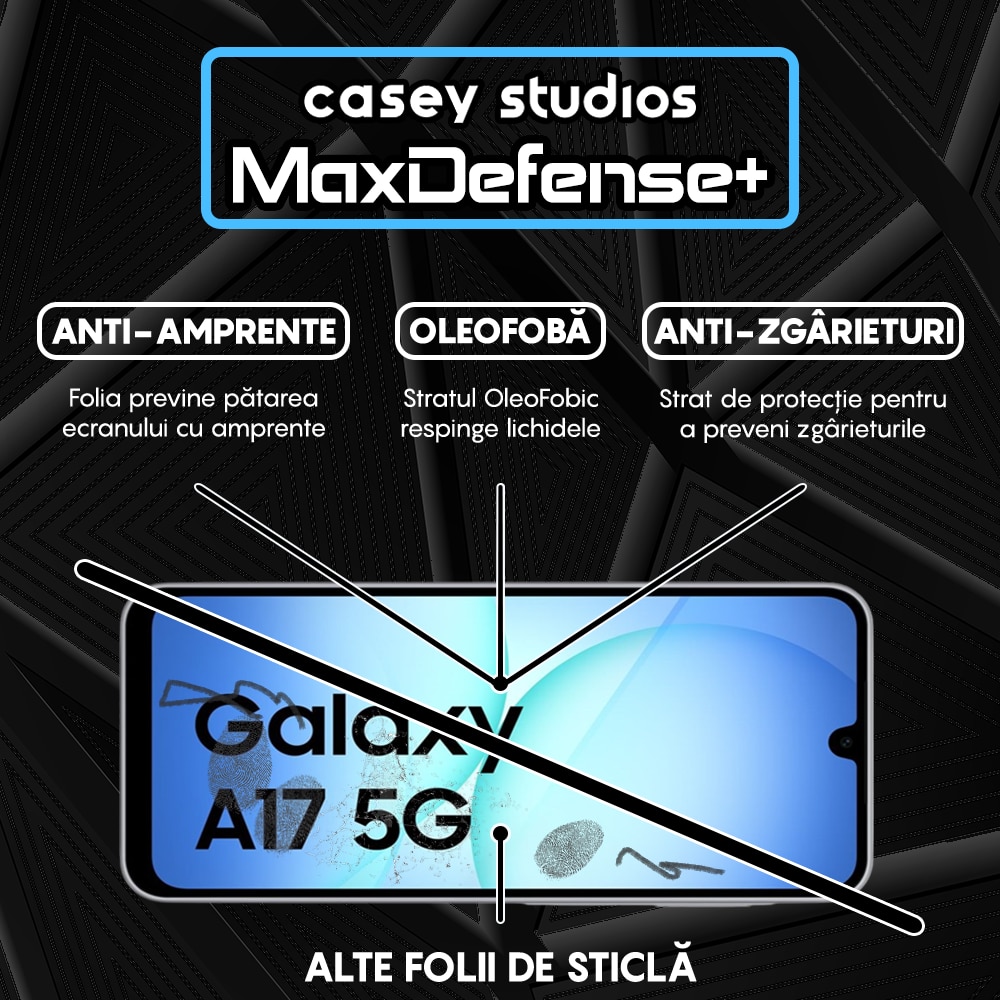 Folie Sticla CASEY STUDIOS™ compatibila cu Samsung Galaxy A17 5G, Full Cover 3D, Full Glue, Sticla Securizata, Duritate Militara, Ultra HD, Protectie Profesionala Ecran 3D, Anti Zgarieturi, Anti Socuri, Margini Negre