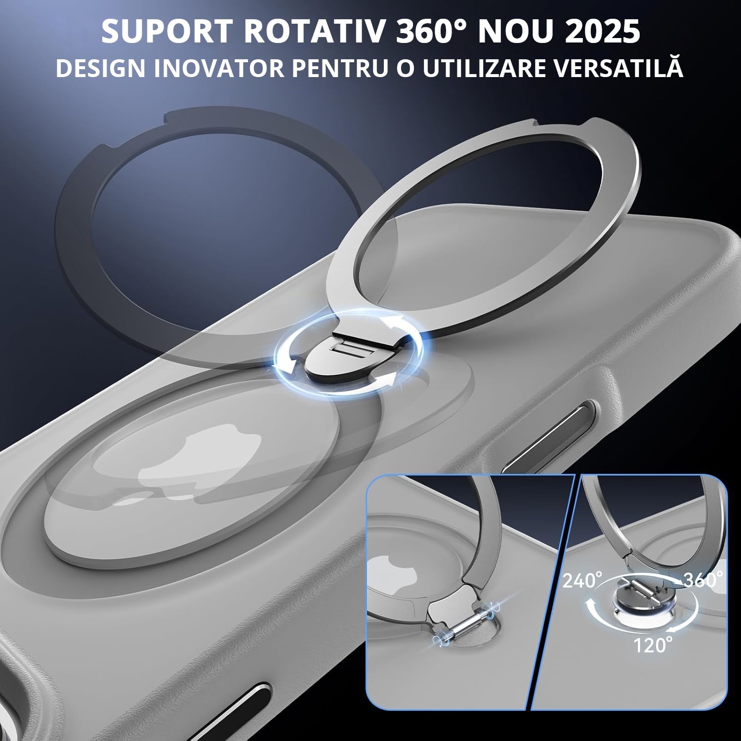 Husa Magnetica pentru iPhone 16 PRO, MobileSmart, Protectie Militara Antisoc, Suport Rotativ 360° MagSafe, Gri