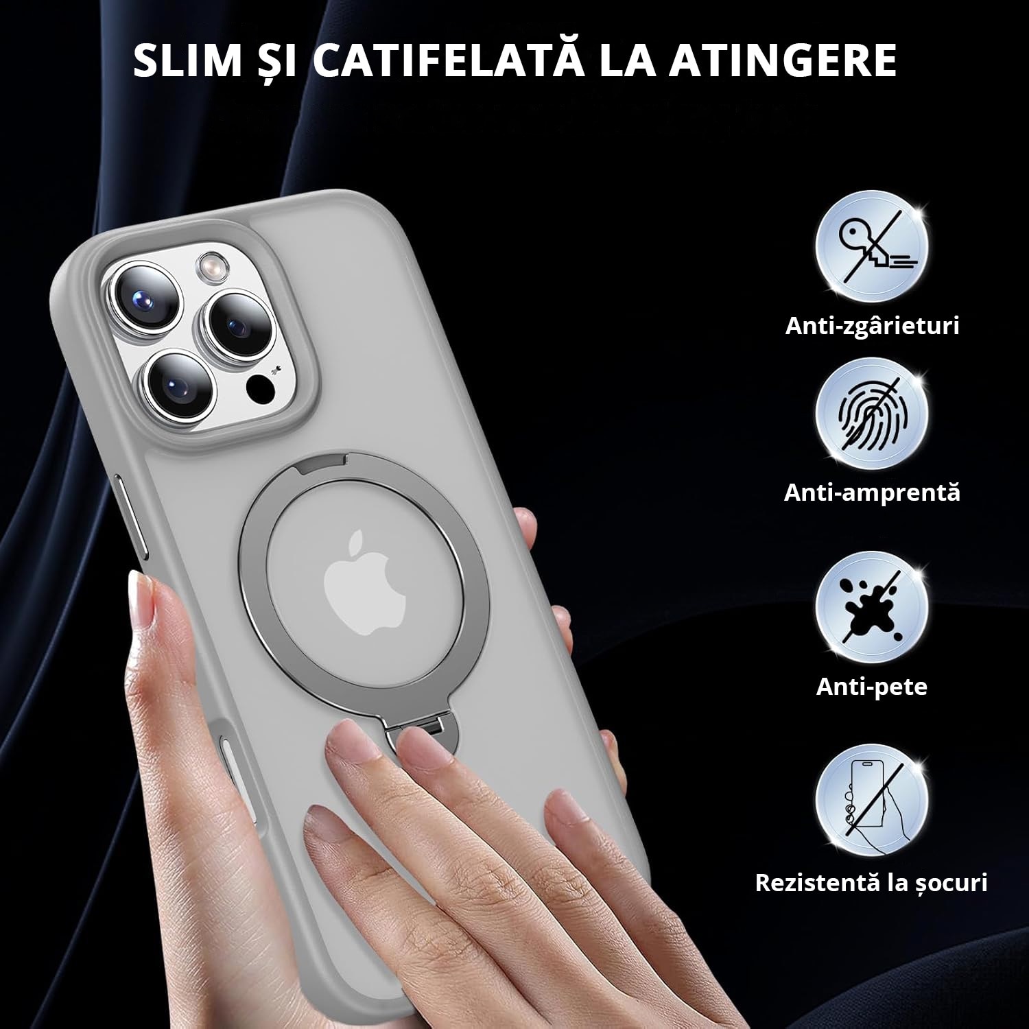 Husa Magnetica pentru iPhone 16 PRO, MobileSmart, Protectie Militara Antisoc, Suport Rotativ 360° MagSafe, Gri