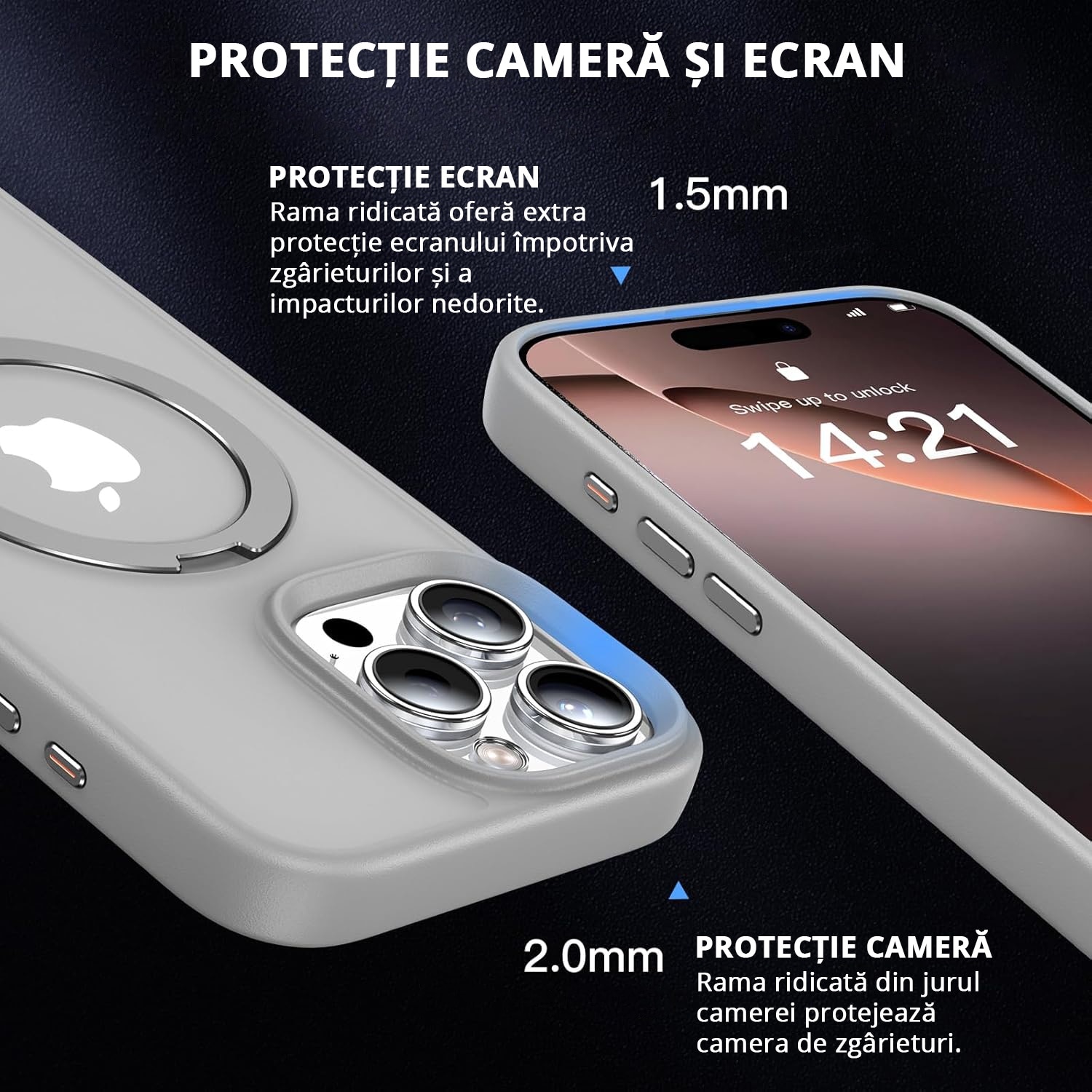 Husa Magnetica pentru iPhone 16 PRO, MobileSmart, Protectie Militara Antisoc, Suport Rotativ 360° MagSafe, Gri