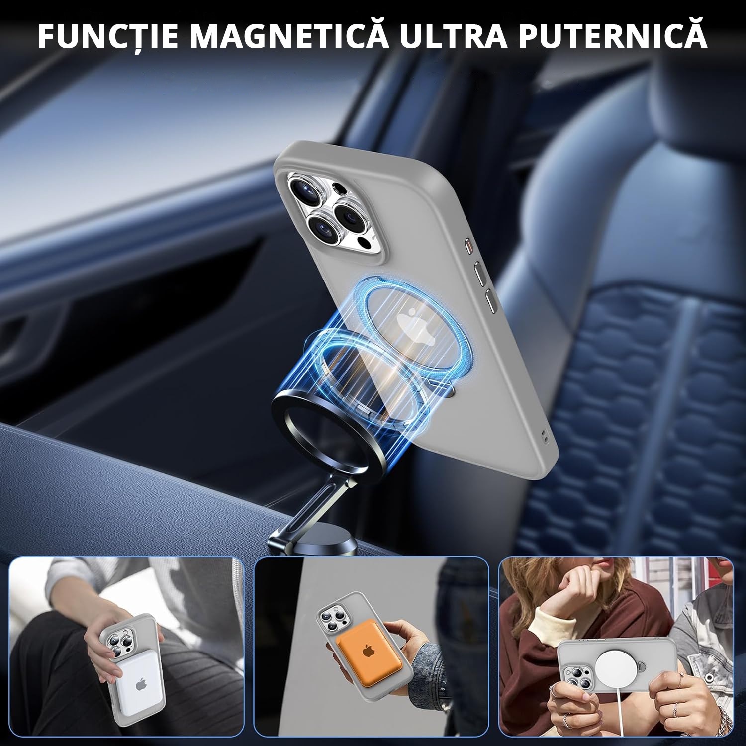 Husa Magnetica pentru iPhone 16 PRO, MobileSmart, Protectie Militara Antisoc, Suport Rotativ 360° MagSafe, Gri