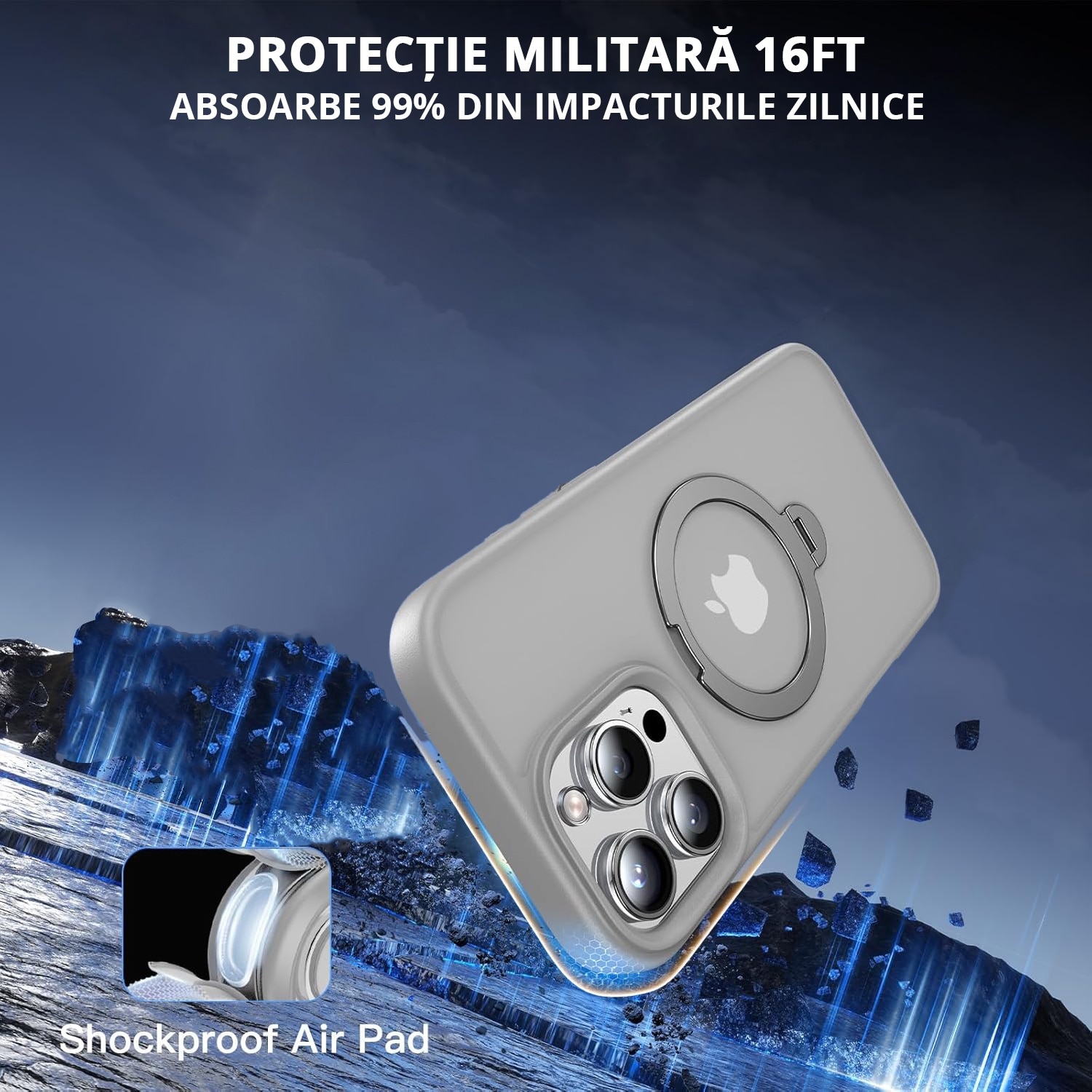 Husa Magnetica pentru iPhone 16 PRO, MobileSmart, Protectie Militara Antisoc, Suport Rotativ 360° MagSafe, Gri