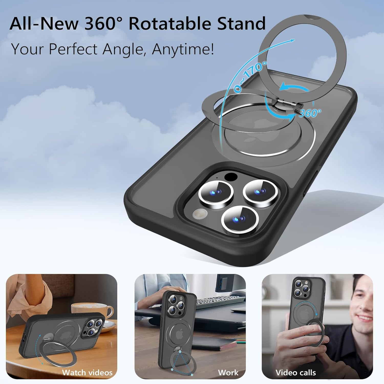 Husa Magnetica pentru iPhone 15 PRO, Protectie Militara Antisoc, Suport Rotativ 360° MagSafe, Negru