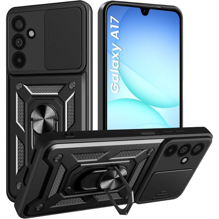 Husa telefon Mat-Tech compatibila cu Samsung Galaxy A17, Protectie Camera, Inel, Magnet, Anti-Shock, Rugged Protection, Negru
