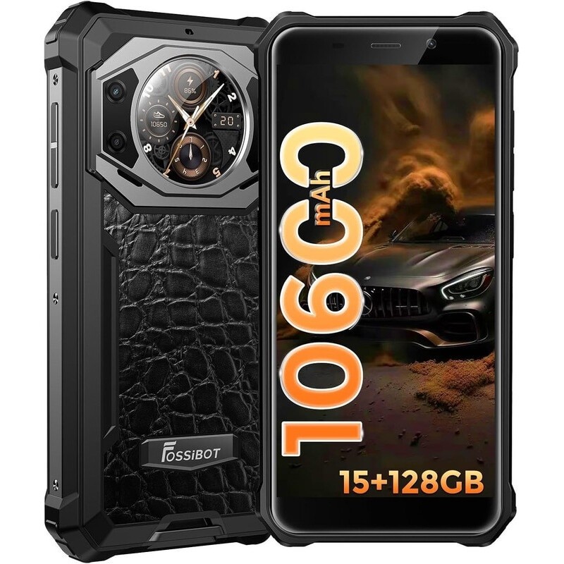 Telefon mobil FOSSiBOT F101 Pro, 4G, Android 13, Dual SIM, 8GB RAM+7GB RAM virtual, 128GB ROM, 5.45'' HD, 20MP, baterie 10,600mAh, Face ID, IP68/IP69K, GPS, NFC, Wi-Fi, Rezistent la praf/Impermeabil/Rezistent la caderi, Pentru sporturi in aer liber, Negru