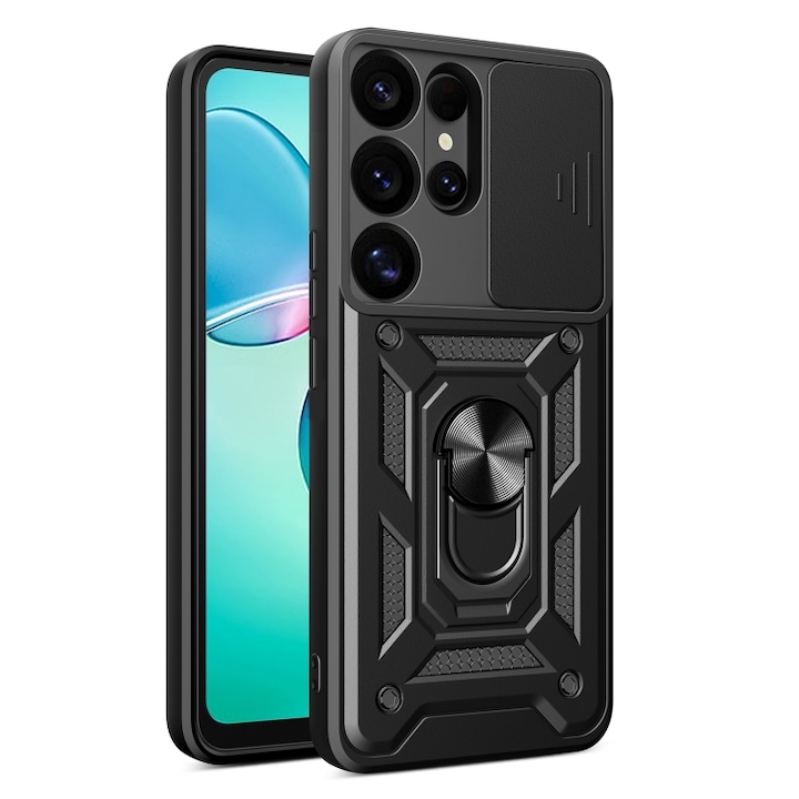 Husa Defender Slide pentru Samsung Galaxy S26 Ultra, Protectie Camere, Suport Inel, Prindere Magnetica, Negru