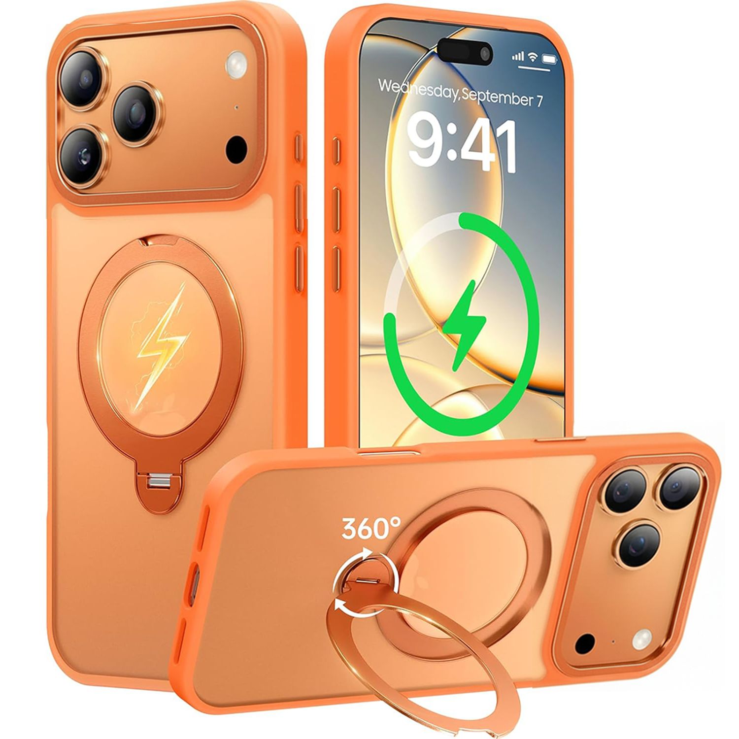 Husa pentru iPhone 17 Pro, Magnetic MagSafe, Suport Rotativ Magnetic 360, Portocaliu/Transparent