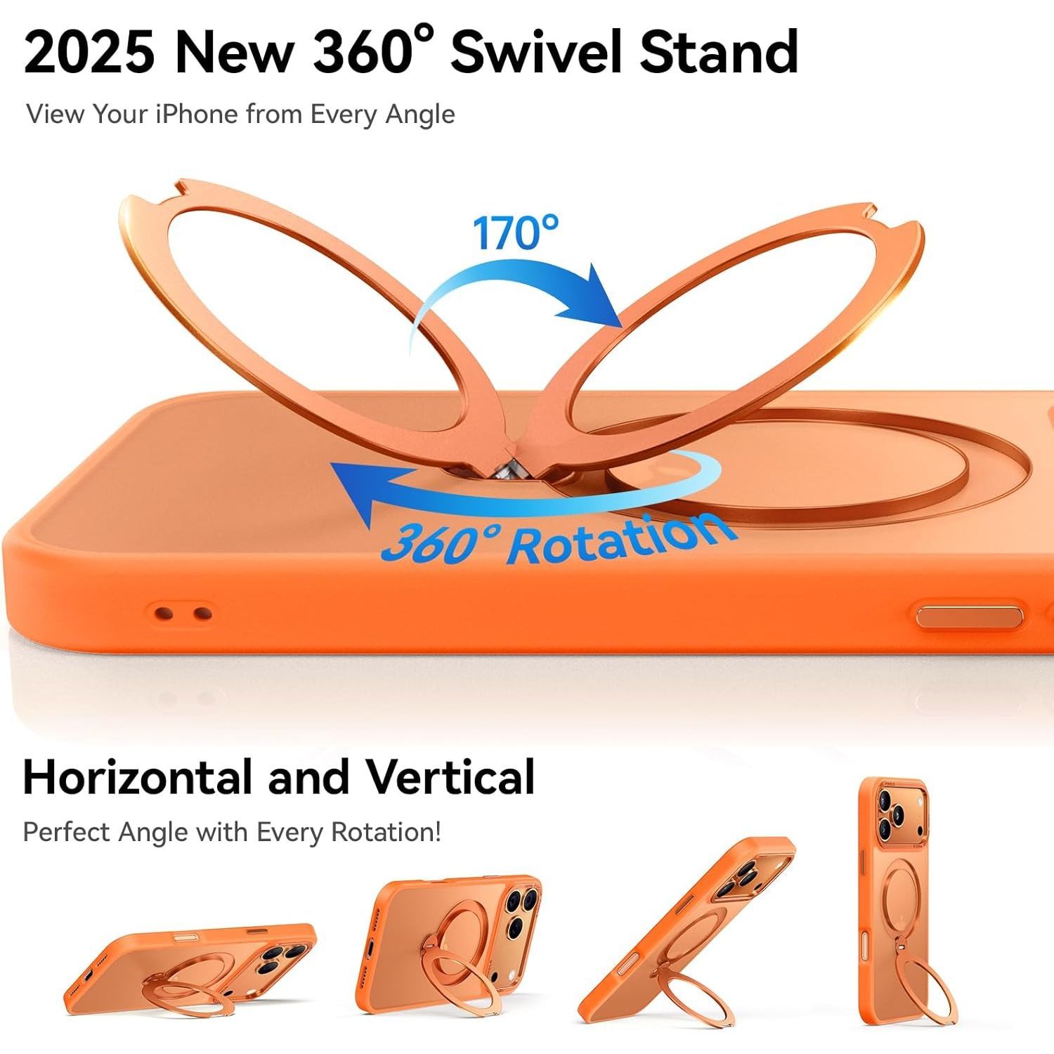 Husa pentru iPhone 17 Pro, Magnetic MagSafe, Suport Rotativ Magnetic 360, Portocaliu/Transparent