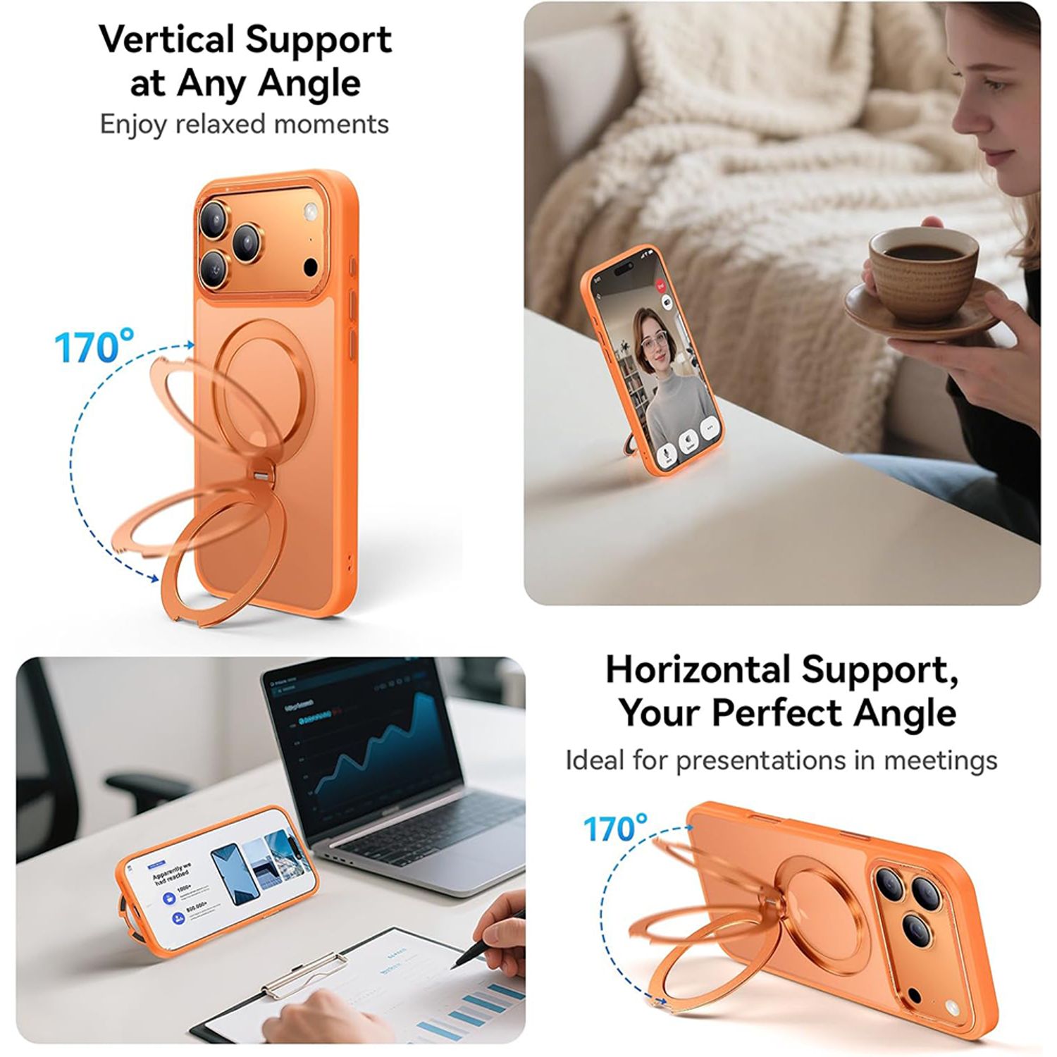 Husa pentru iPhone 17 Pro, Magnetic MagSafe, Suport Rotativ Magnetic 360, Portocaliu/Transparent