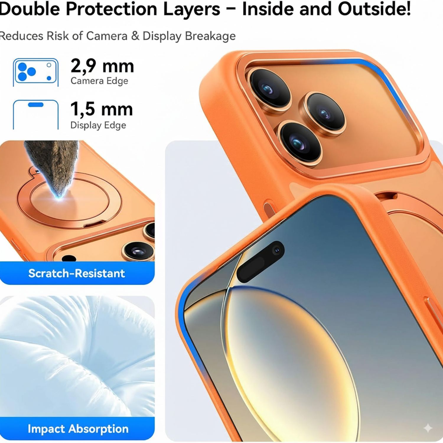 Husa pentru iPhone 17 Pro, Magnetic MagSafe, Suport Rotativ Magnetic 360, Portocaliu/Transparent