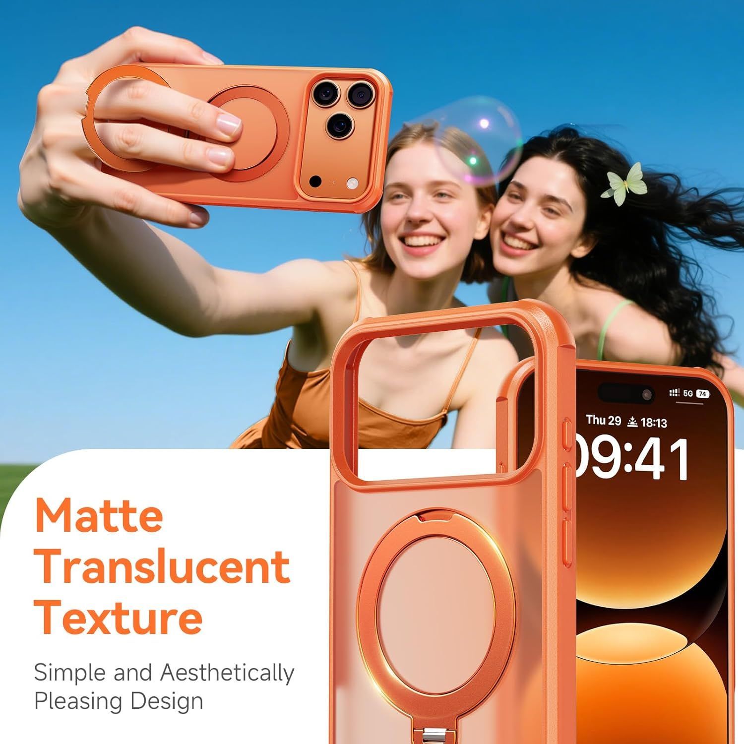 Husa pentru iPhone 17 Pro, Magnetic MagSafe, Suport Rotativ Magnetic 360, Portocaliu/Transparent