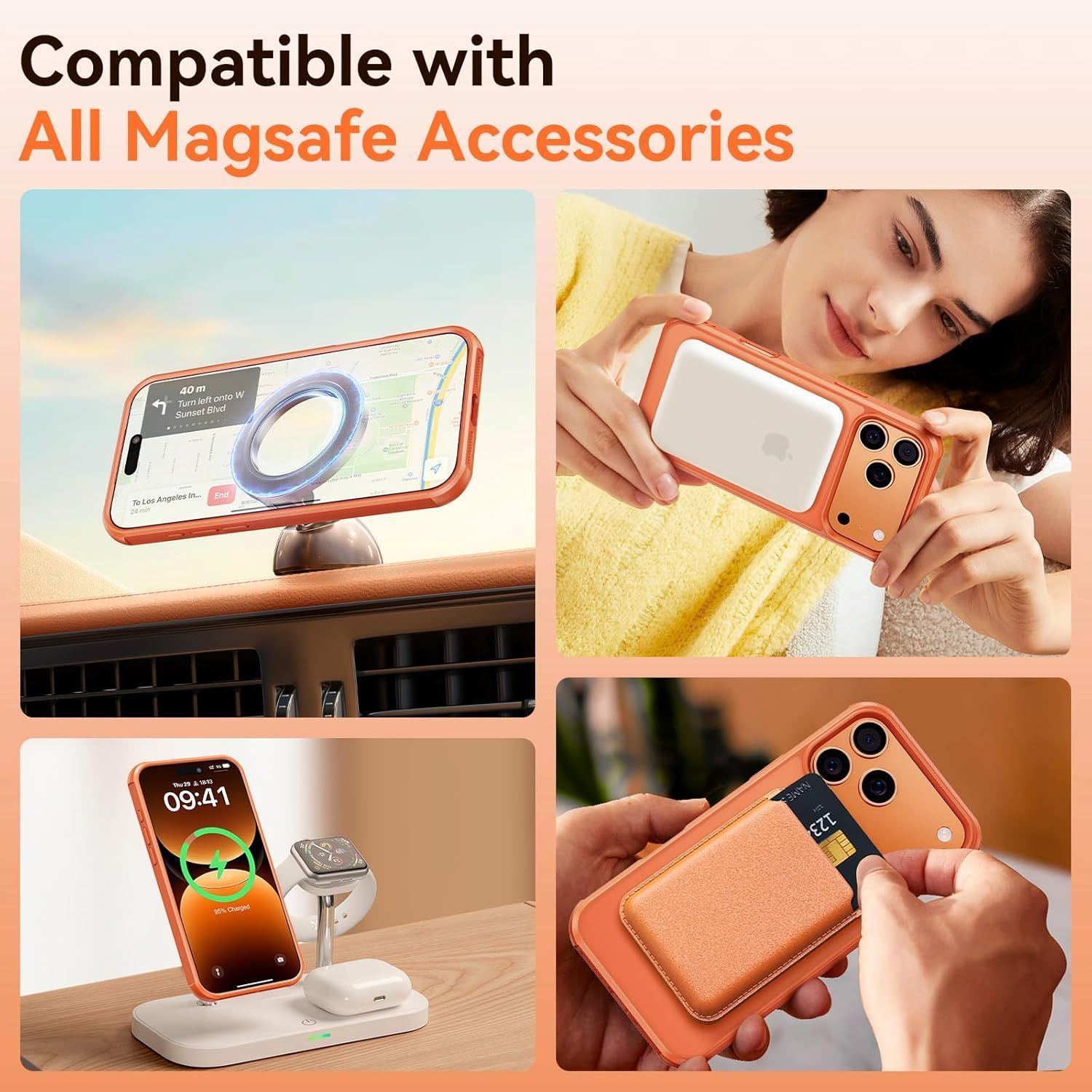 Husa pentru iPhone 17 Pro, Magnetic MagSafe, Suport Rotativ Magnetic 360, Portocaliu/Transparent
