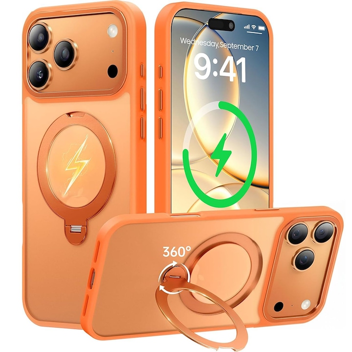 Husa pentru iPhone 17 Pro, Magnetic MagSafe, Suport Rotativ Magnetic 360, Portocaliu/Transparent