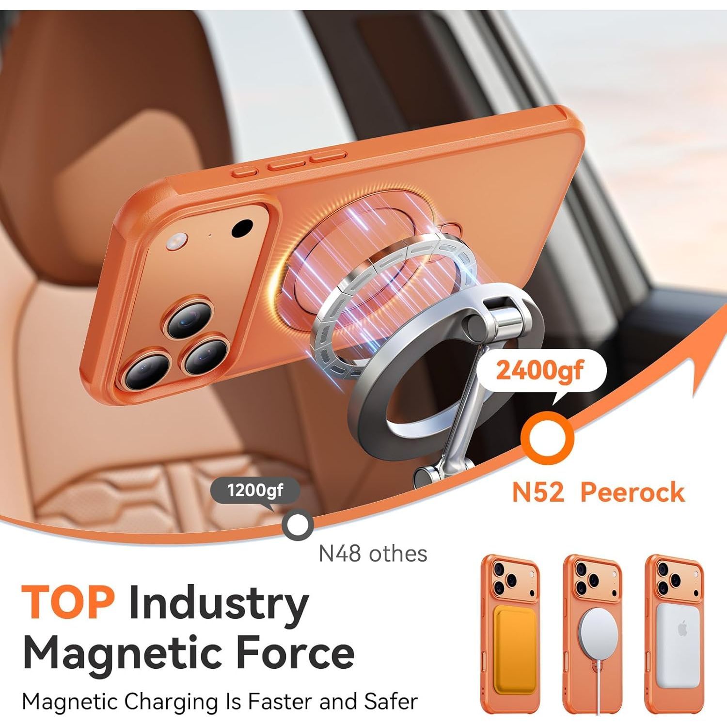 Husa pentru iPhone 17 Pro, Magnetic MagSafe, Suport Rotativ Magnetic 360, Portocaliu/Transparent
