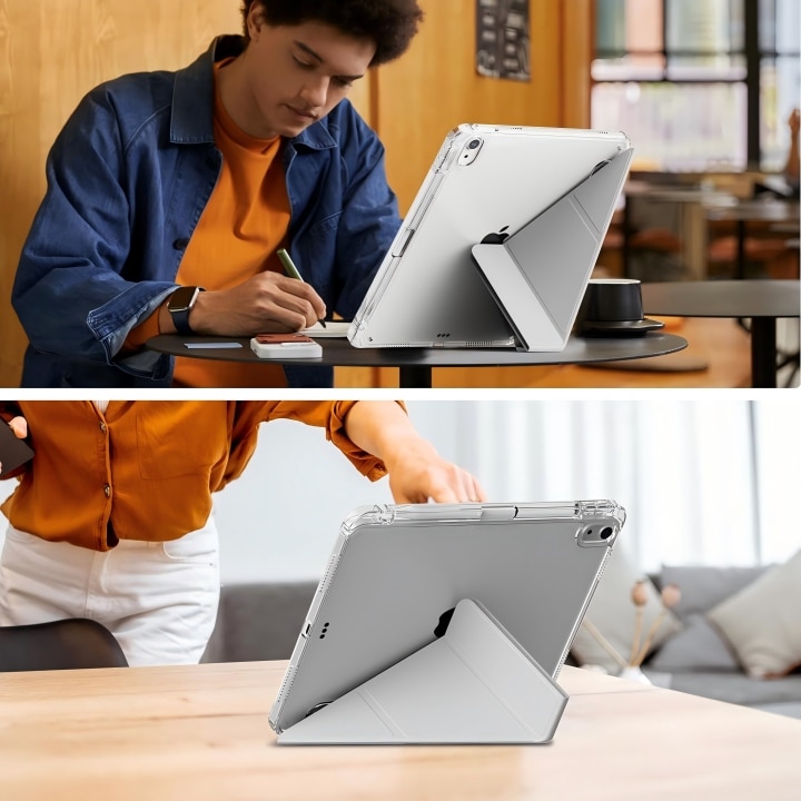 Husa de protectie pentru tableta iPad Pro (2024, 11"), pliere 3+Y, suport portret si peisaj, rama transparenta, cu suport pentru creion, Ugo®, argintie