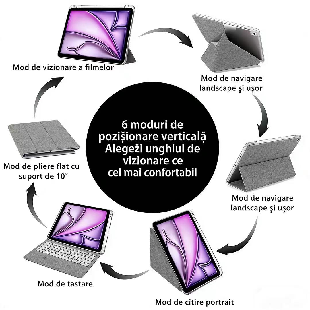 Husa de protectie pentru tableta iPad Pro (2024, 11"), pliere 3+Y, suport portret si peisaj, rama transparenta, cu suport pentru creion, Ugo®, argintie