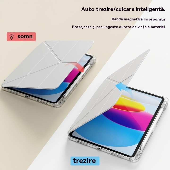Husa de protectie pentru tableta iPad Pro (2024, 11"), pliere 3+Y, suport portret si peisaj, rama transparenta, cu suport pentru creion, Ugo®, argintie